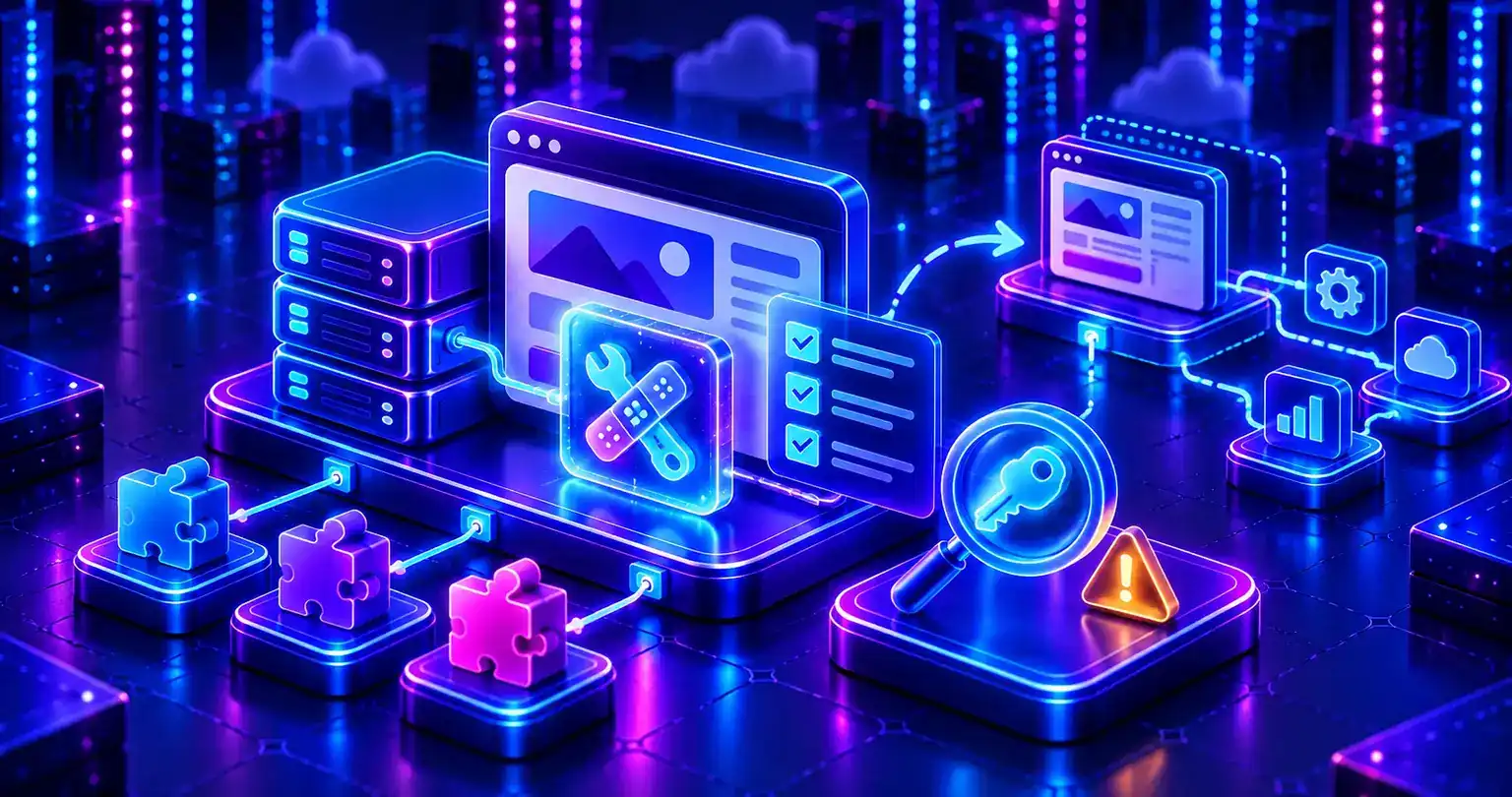 A hosting server and website with a repair patch and checklist, connected to plugin blocks, an inspected access key and an isolated test website