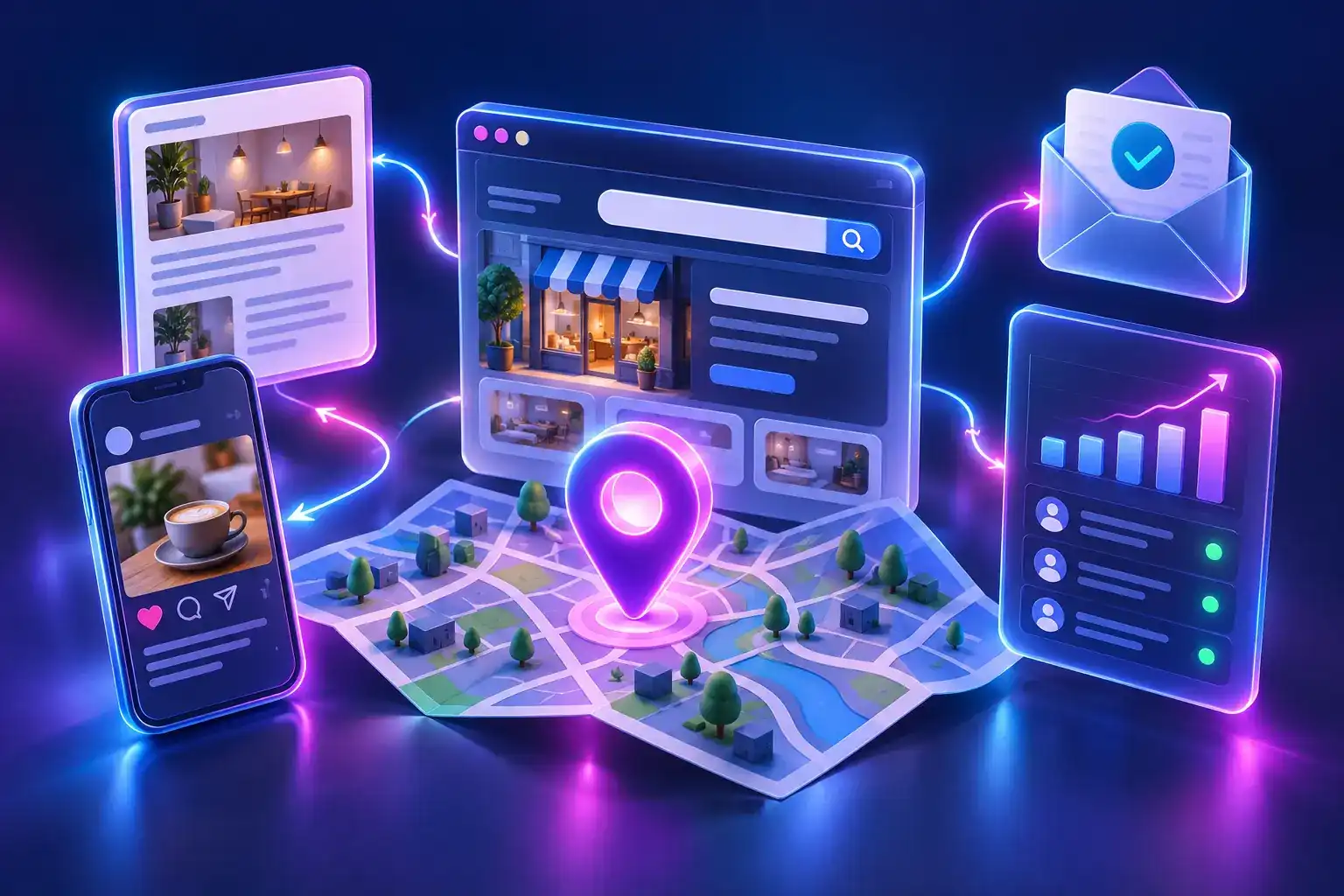 A local business website connected to a map pin, content, social media, email and enquiry analytics panels