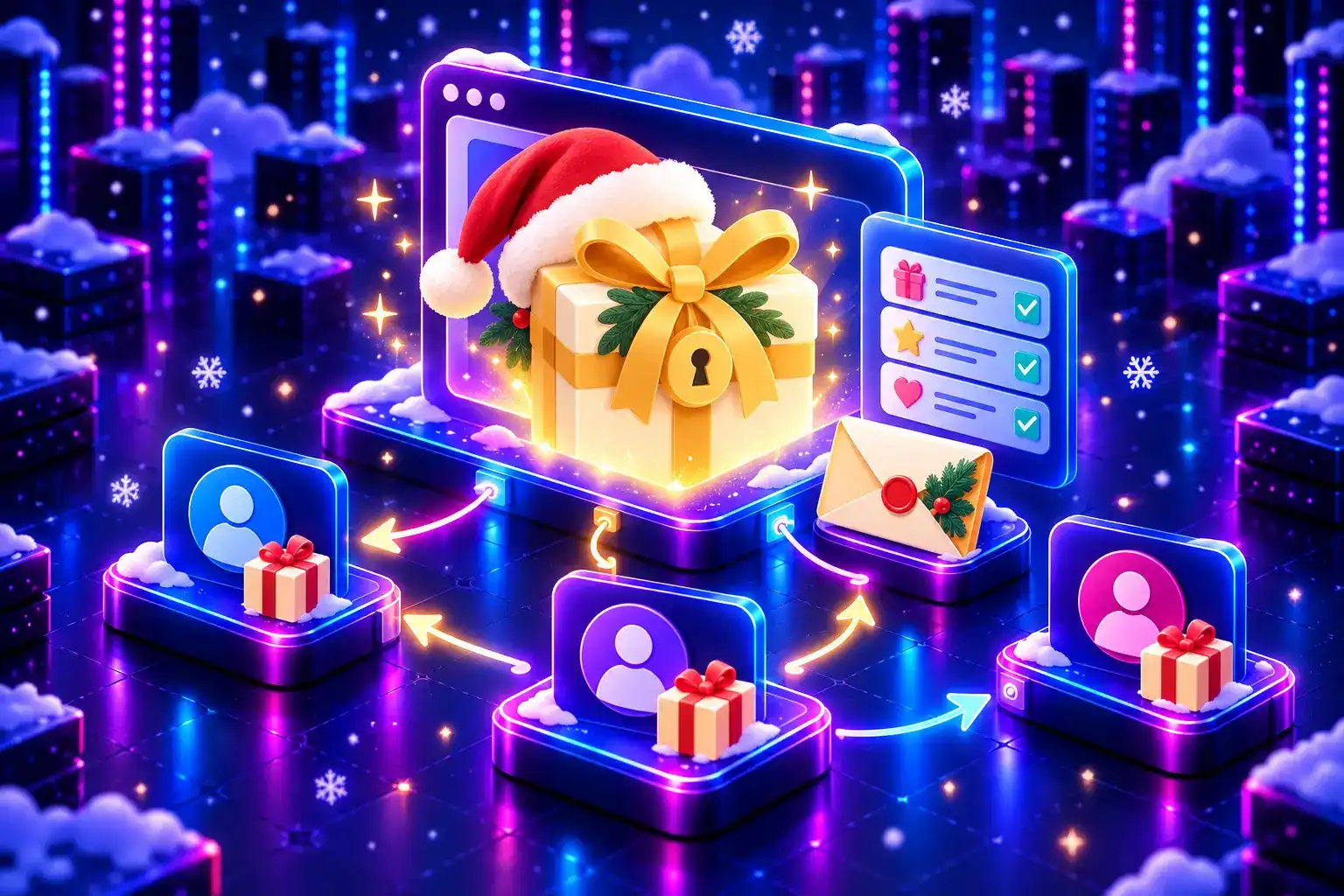 A festive gift in a Santa hat emerging from a web app, connected to participant cards, an invitation and a wish list