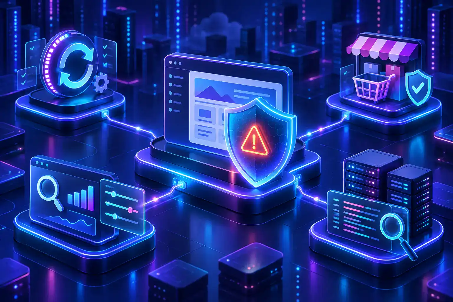 A protected website dashboard under alert beside software updates, ecommerce, search and server monitoring panels