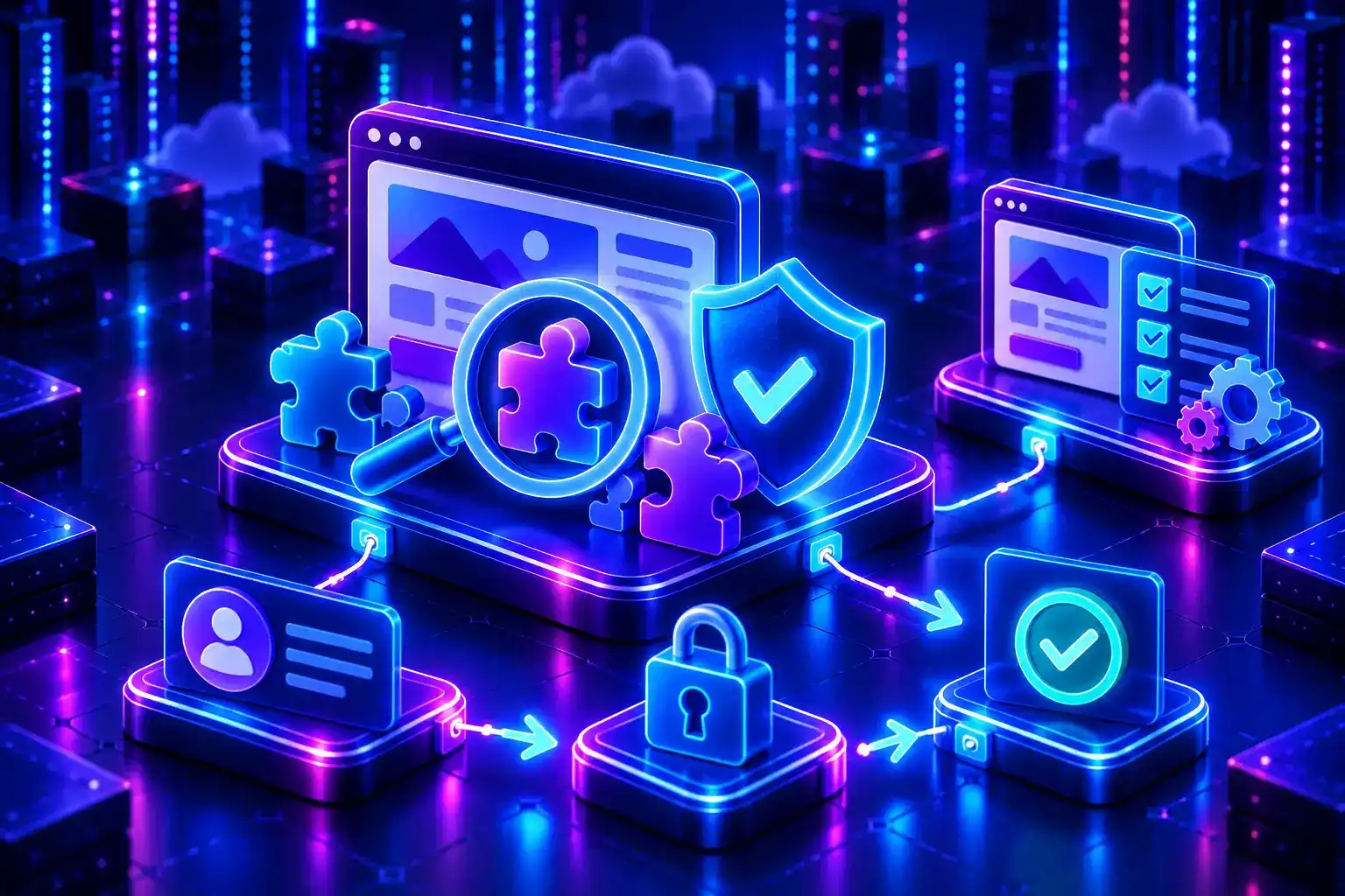 A website and plugin components under security inspection beside a staging checklist and a controlled business automation workflow