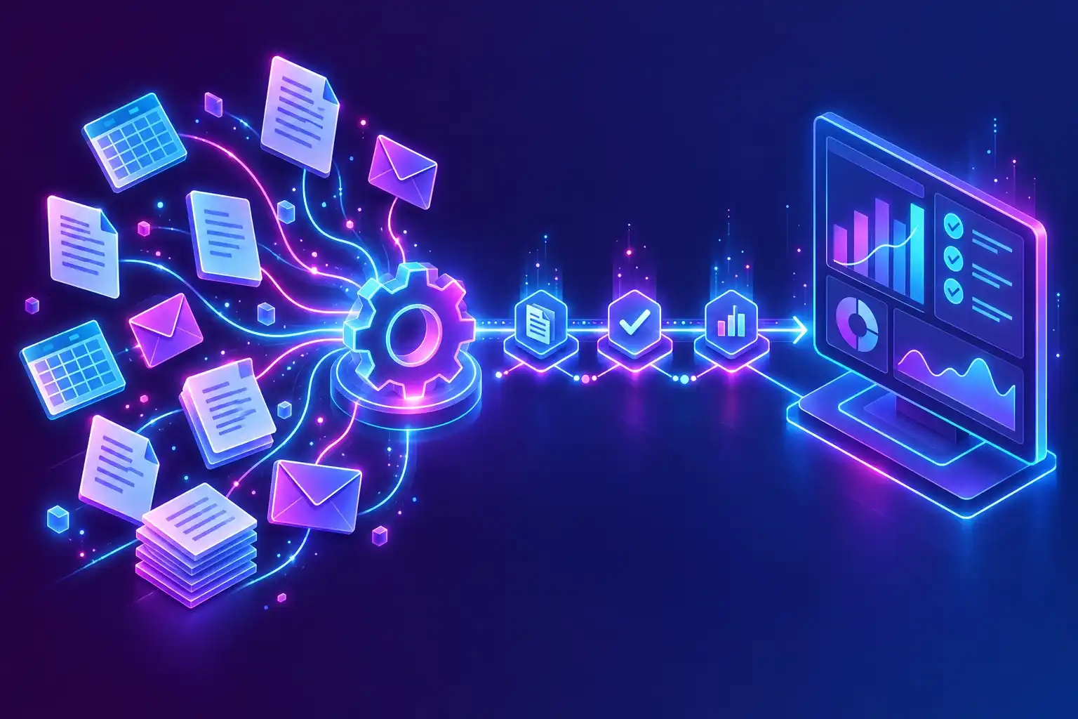 Documents and spreadsheets flowing through an organised workflow to a dashboard